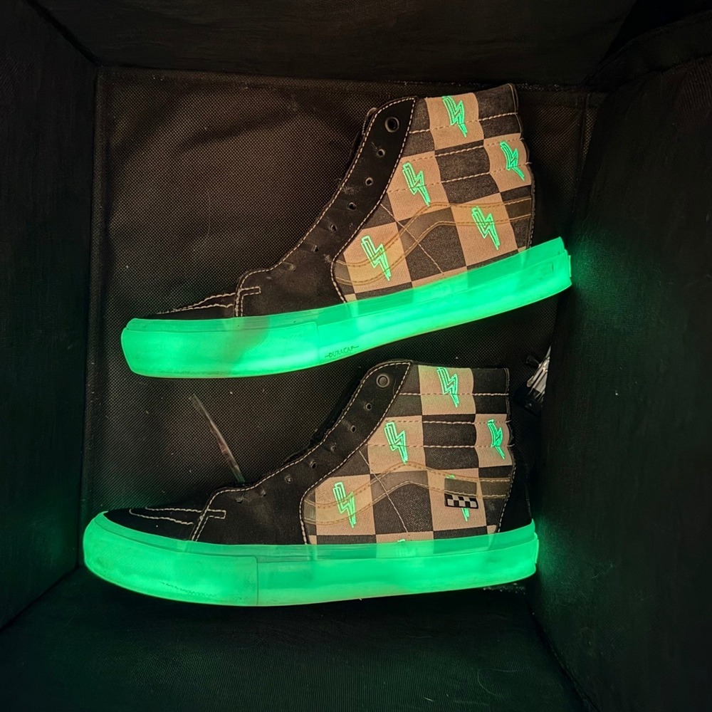 Vans Sk8-Hi Glow In The Dark Checkerboard Lightning Bolt Skate Shoes Black White